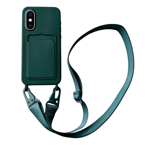 

For iPhone XS / X Card Slot Liquid Silicone Phone Case with Lanyard(Dark Green)