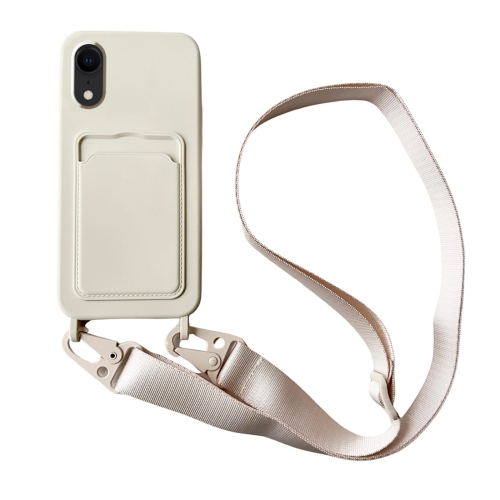 

For iPhone XR Card Slot Liquid Silicone Phone Case with Lanyard(White)