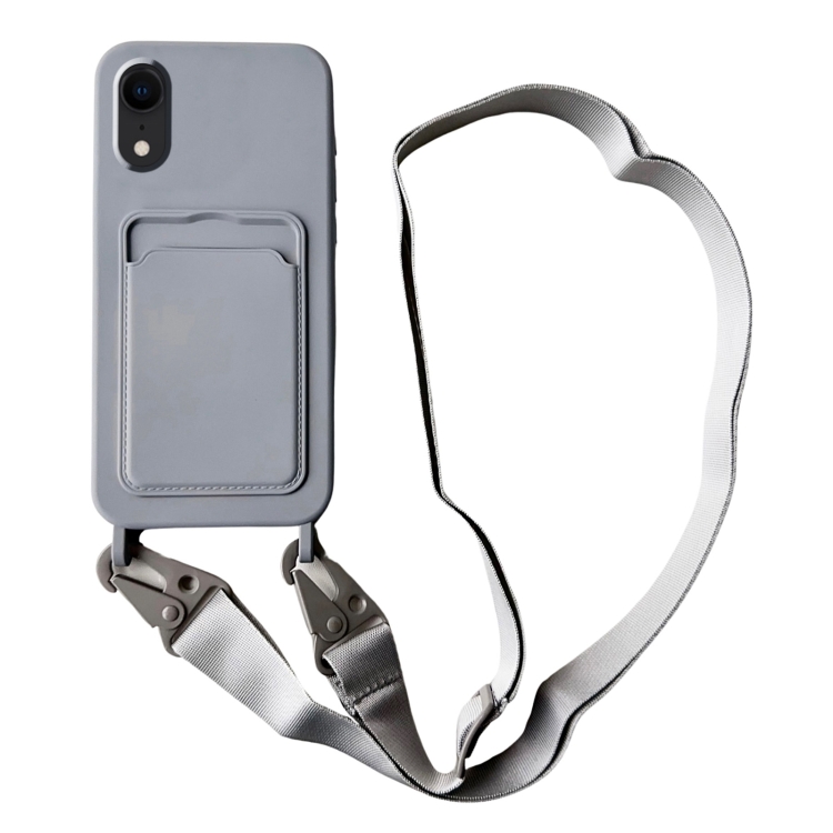 

For iPhone XR Card Slot Liquid Silicone Phone Case with Lanyard(Grey)