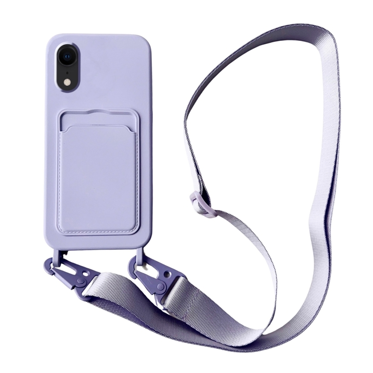 

For iPhone XR Card Slot Liquid Silicone Phone Case with Lanyard(Light Purple)