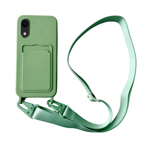 

For iPhone XR Card Slot Liquid Silicone Phone Case with Lanyard(Matcha Green)