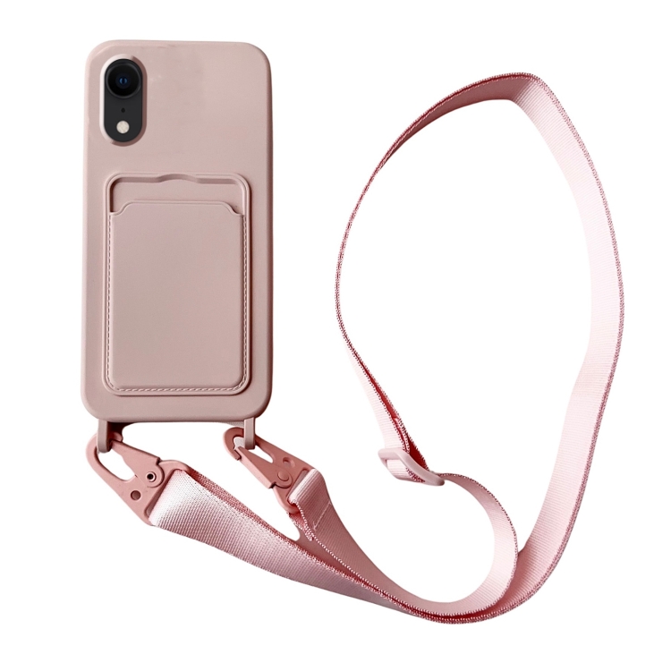 

For iPhone XR Card Slot Liquid Silicone Phone Case with Lanyard(Light Pink)