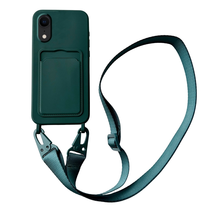 

For iPhone XR Card Slot Liquid Silicone Phone Case with Lanyard(Dark Green)