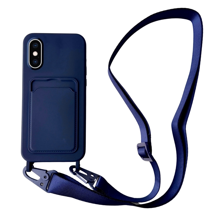 

For iPhone XS Max Card Slot Liquid Silicone Phone Case with Lanyard(Dark Blue)