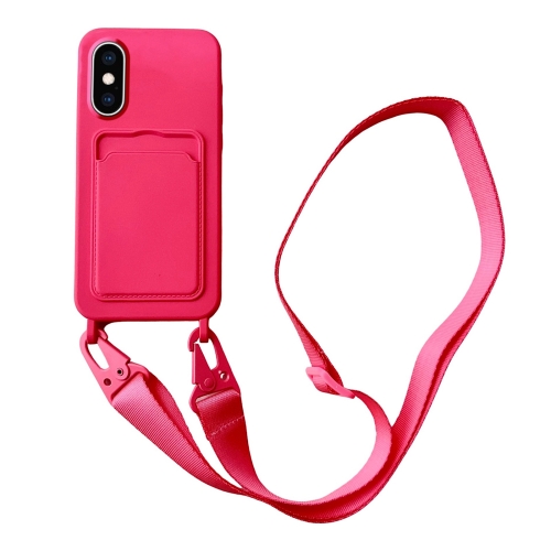 

For iPhone XS Max Card Slot Liquid Silicone Phone Case with Lanyard(Rose Red)
