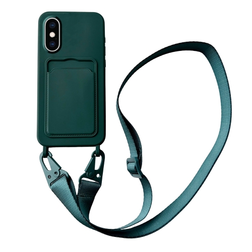 

For iPhone XS Max Card Slot Liquid Silicone Phone Case with Lanyard(Dark Green)