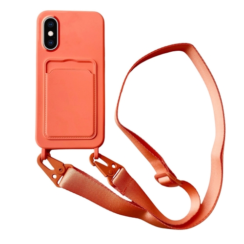 

For iPhone XS Max Card Slot Liquid Silicone Phone Case with Lanyard(Orange)