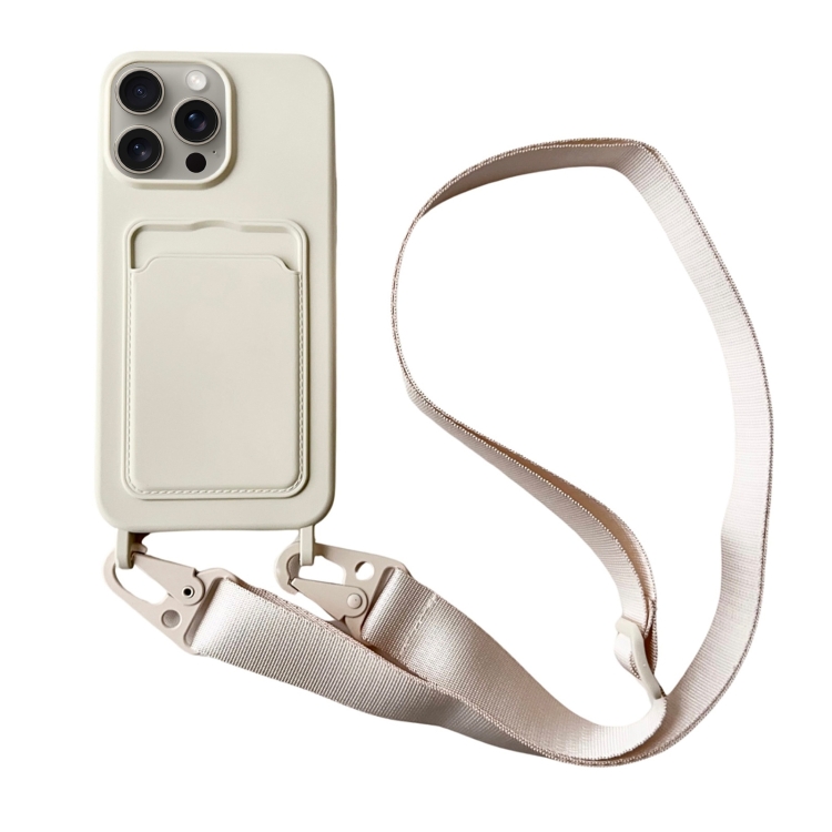 

For iPhone 16 Pro Card Slot Liquid Silicone Phone Case with Lanyard(White)