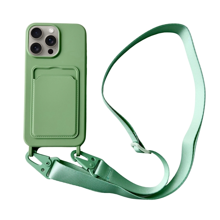 

For iPhone 16 Pro Card Slot Liquid Silicone Phone Case with Lanyard(Matcha Green)
