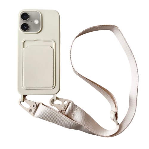 

For iPhone 16 Plus Card Slot Liquid Silicone Phone Case with Lanyard(White)