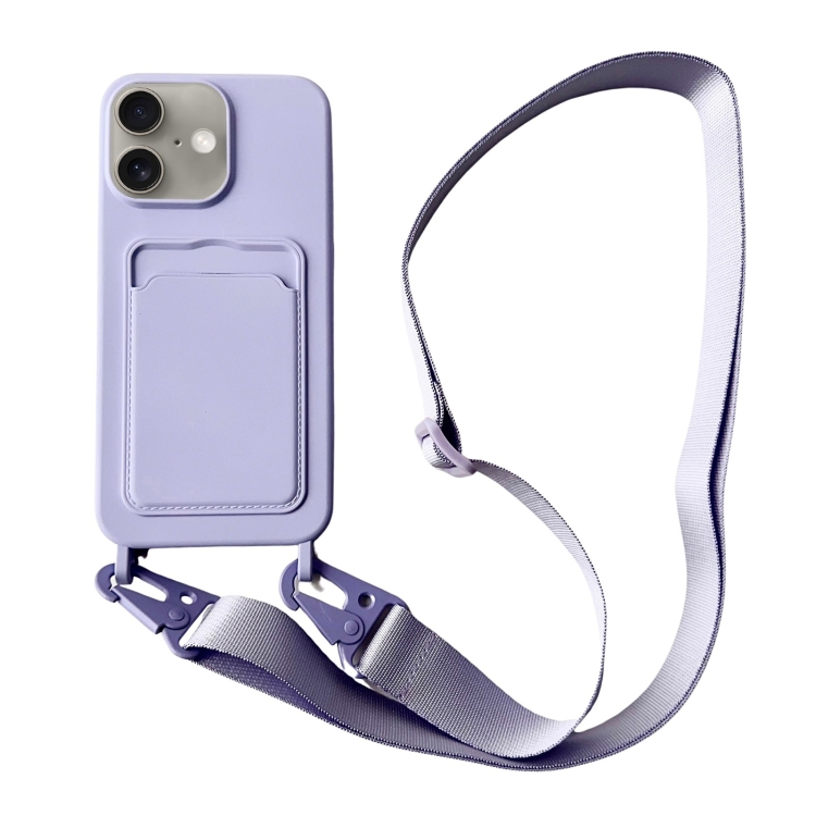 

For iPhone 16 Plus Card Slot Liquid Silicone Phone Case with Lanyard(Light Purple)