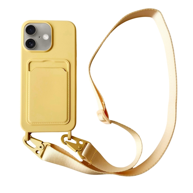 

For iPhone 16 Plus Card Slot Liquid Silicone Phone Case with Lanyard(Yellow)