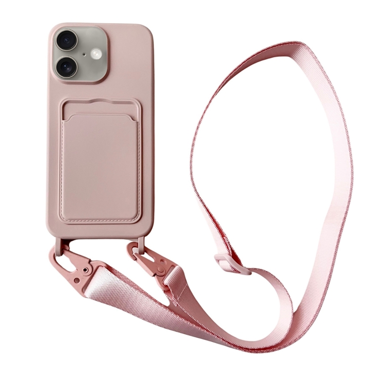 

For iPhone 16 Plus Card Slot Liquid Silicone Phone Case with Lanyard(Light Pink)