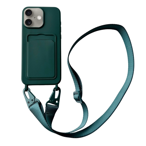 

For iPhone 16 Plus Card Slot Liquid Silicone Phone Case with Lanyard(Dark Green)
