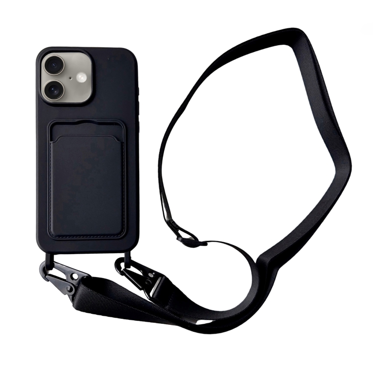 

For iPhone 16 Card Slot Liquid Silicone Phone Case with Lanyard(Black)