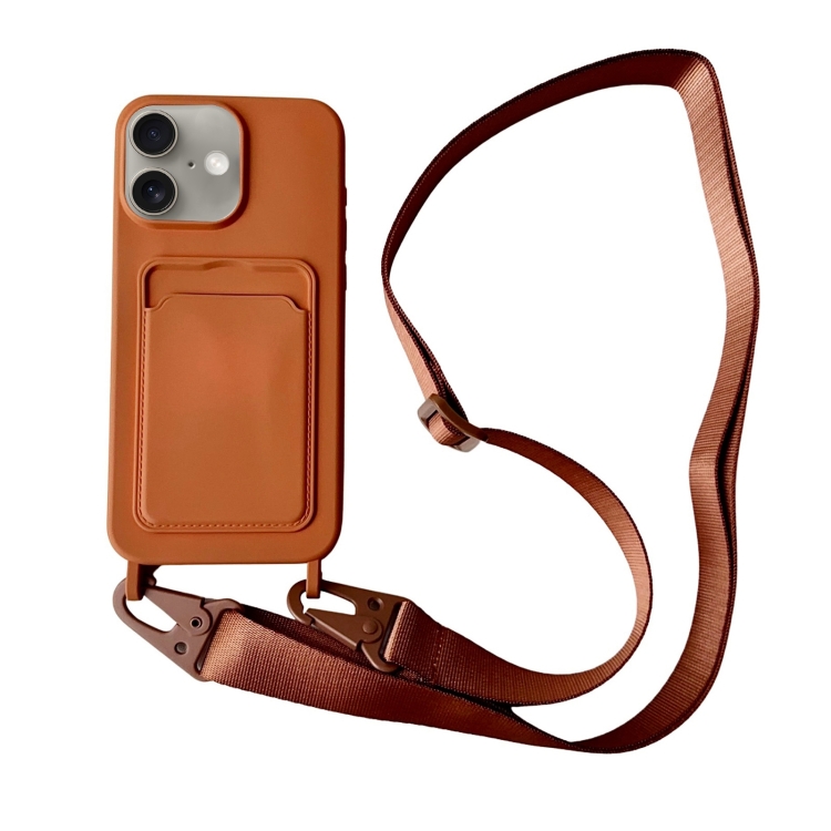 

For iPhone 16 Card Slot Liquid Silicone Phone Case with Lanyard(Brown)