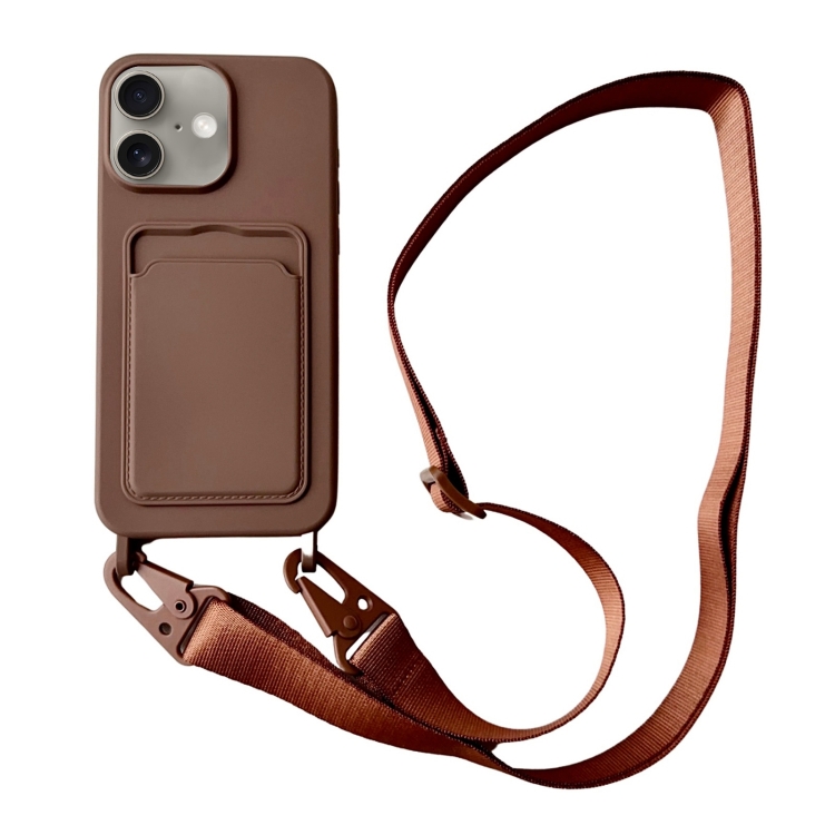 

For iPhone 16 Card Slot Liquid Silicone Phone Case with Lanyard(Coffee)