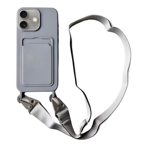 

For iPhone 16 Card Slot Liquid Silicone Phone Case with Lanyard(Grey)