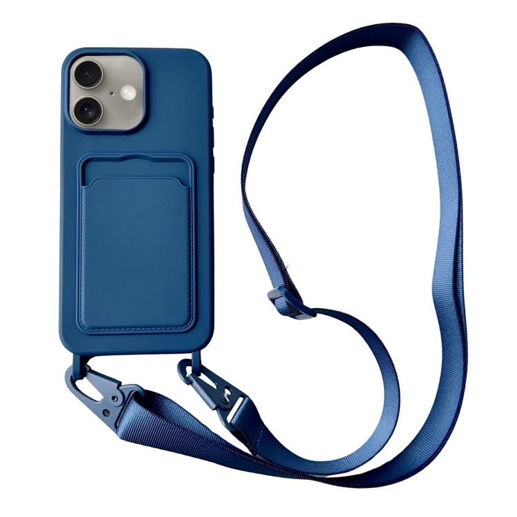 

For iPhone 16 Card Slot Liquid Silicone Phone Case with Lanyard(Royal Blue)