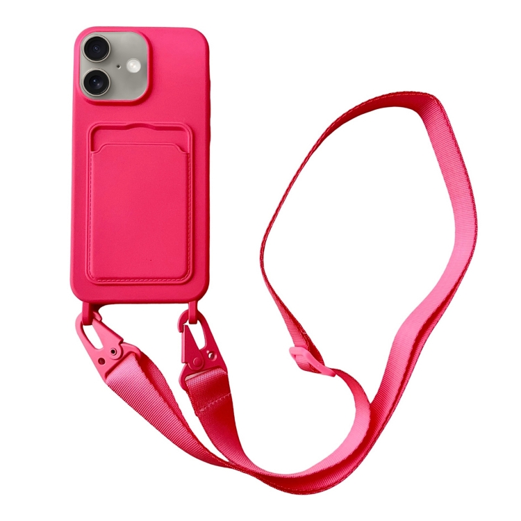 

For iPhone 16 Card Slot Liquid Silicone Phone Case with Lanyard(Rose Red)
