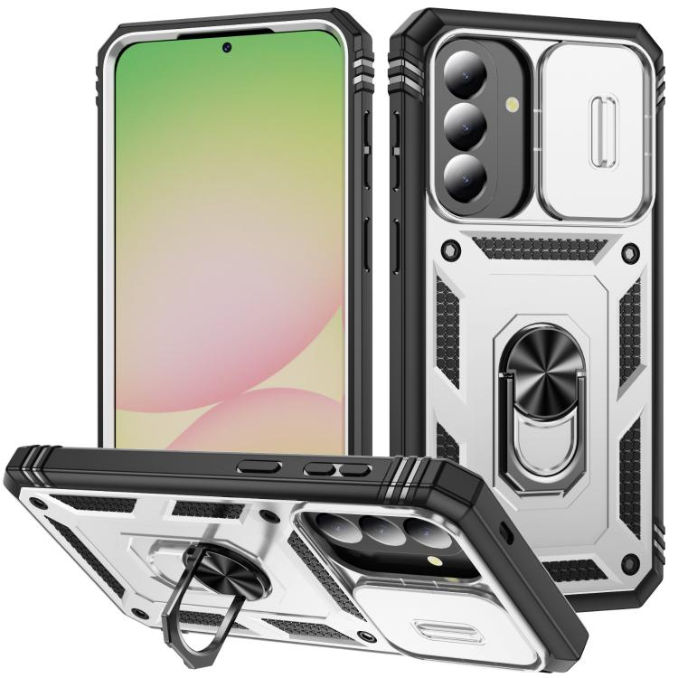 

For Galaxy A57 5G Sliding Camshield TPU + PC Phone Case with Holder(White+Black)