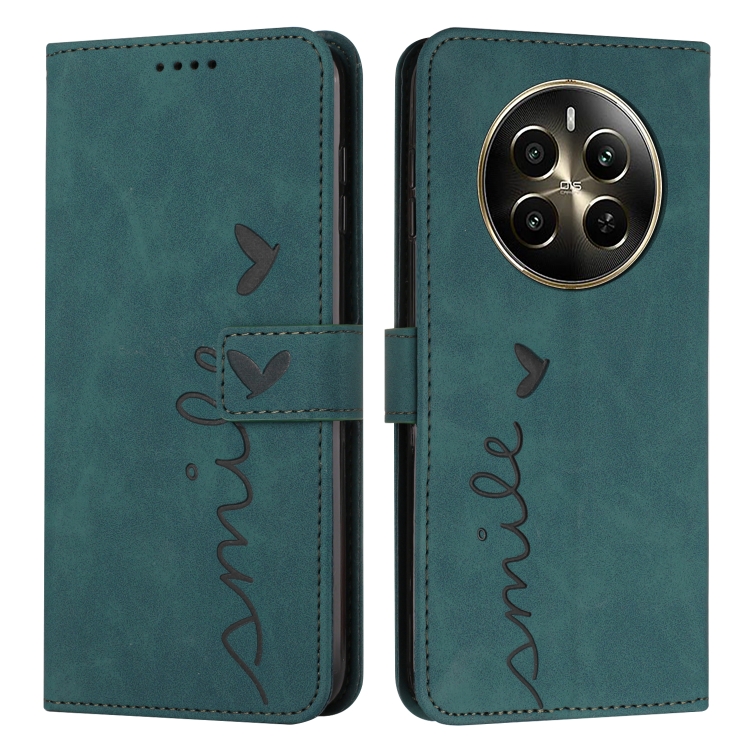 

For Realme 12+ Skin Feel Heart Embossed Leather Phone Case with Long Lanyard(Green)