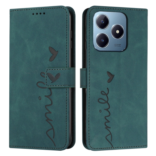 

For Realme C63 Skin Feel Heart Embossed Leather Phone Case with Long Lanyard(Green)