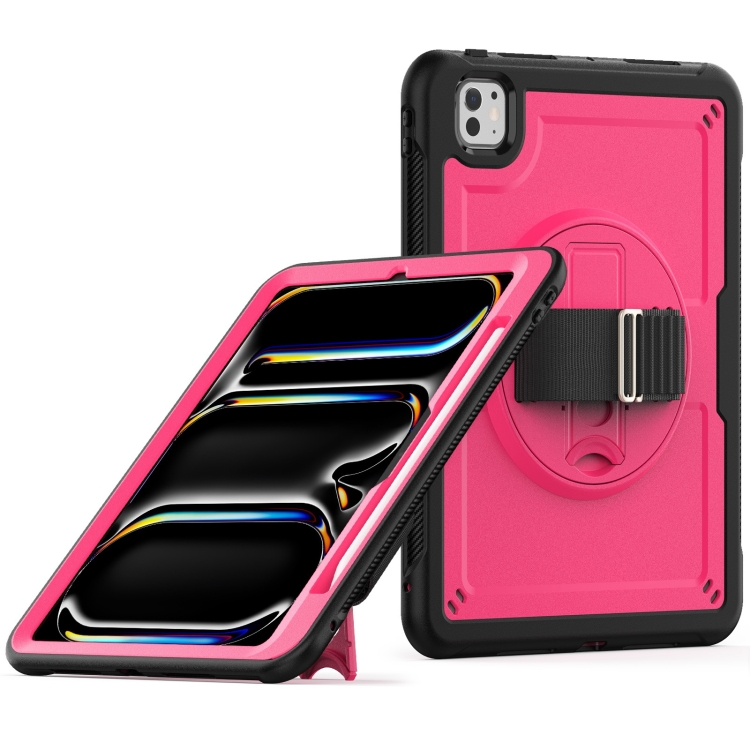 

For iPad Pro 11 2024 Honeycomb Hand Grip Turntable Stand Tablet Case(Rose Red)