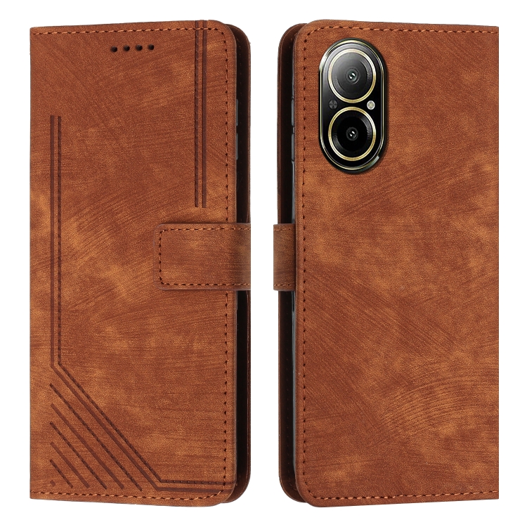 

For Realme C67 4G Global Skin Feel Stripe Pattern Leather Phone Case with Long Lanyard(Brown)