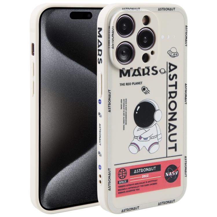 

For iPhone 15 Pro Max Astronaut Pattern Silicone Straight Edge Phone Case(Mars Astronaut-White)