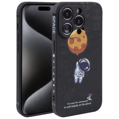 

For iPhone 15 Pro Max Astronaut Pattern Silicone Straight Edge Phone Case(Planet Landing-Black)