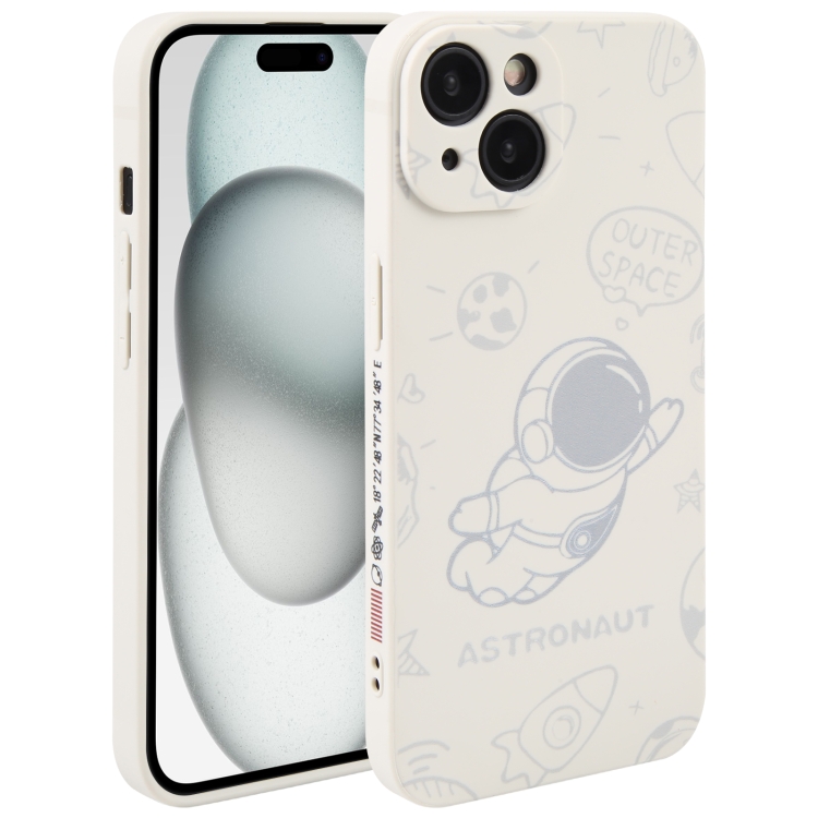 

For iPhone 15 Plus Astronaut Pattern Silicone Straight Edge Phone Case(Flying Astronaut-White)