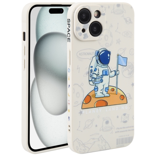 

For iPhone 15 Plus Astronaut Pattern Silicone Straight Edge Phone Case(Planet Landing-White)