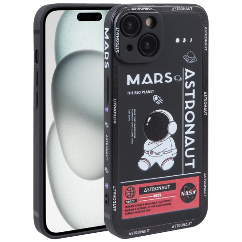 

For iPhone 15 Astronaut Pattern Silicone Straight Edge Phone Case(Mars Astronaut-Black)