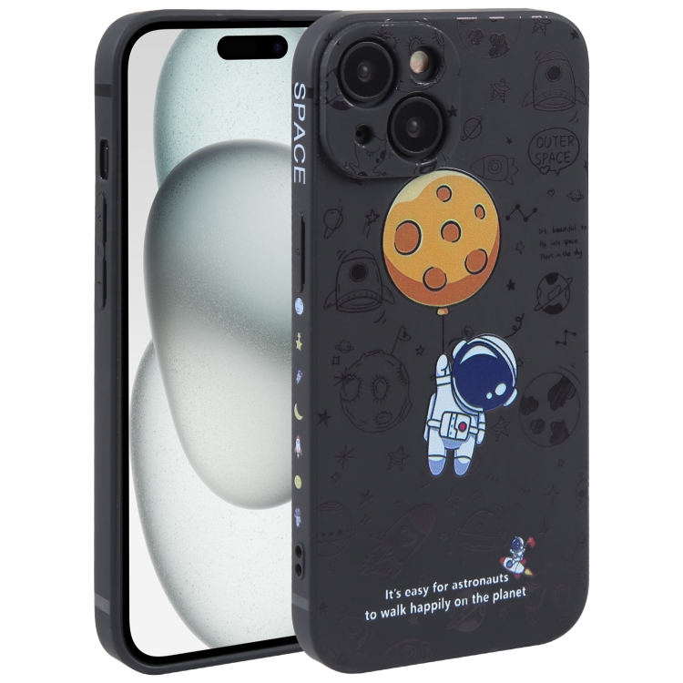 

For iPhone 15 Astronaut Pattern Silicone Straight Edge Phone Case(Planet Landing-Black)