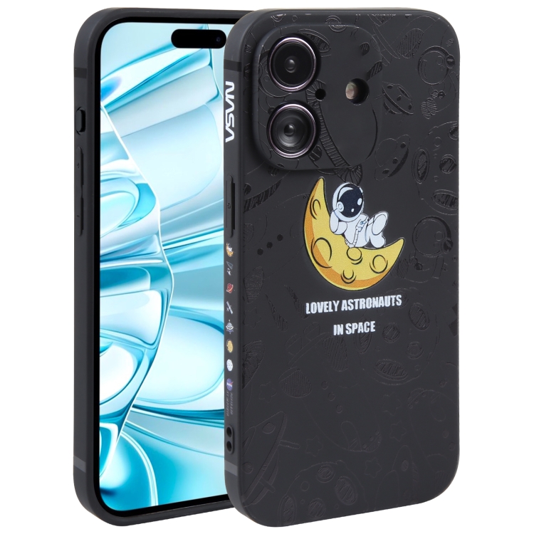 

For iPhone 16 Plus Astronaut Pattern Silicone Straight Edge Phone Case(Lovely Astronaut-Black)