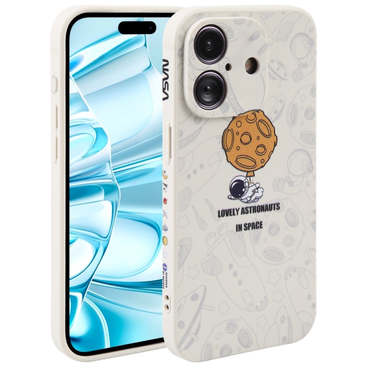 

For iPhone 16 Plus Astronaut Pattern Silicone Straight Edge Phone Case(Lovely Astronaut-White)
