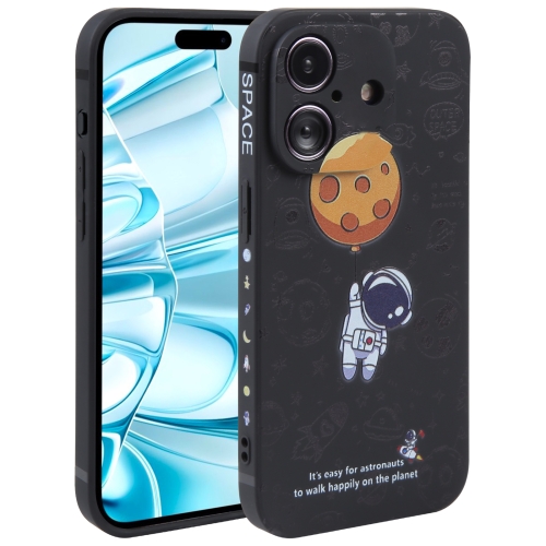 

For iPhone 16 Plus Astronaut Pattern Silicone Straight Edge Phone Case(Planet Landing-Black)