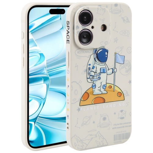 

For iPhone 16 Plus Astronaut Pattern Silicone Straight Edge Phone Case(Planet Landing-White)