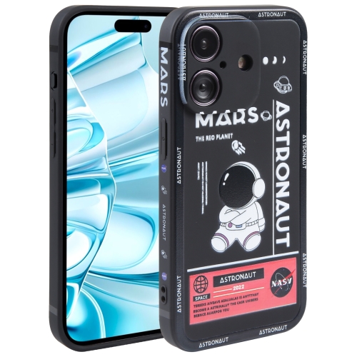 

For iPhone 16 Astronaut Pattern Silicone Straight Edge Phone Case(Mars Astronaut-Black)