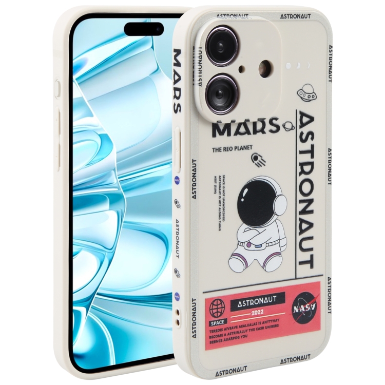 

For iPhone 16 Astronaut Pattern Silicone Straight Edge Phone Case(Mars Astronaut-White)