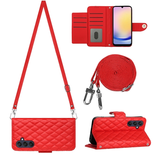 For Samsung Galaxy A15 5G Rhombic Texture Flip Leather Phone Case with Long Lanyard(Red) power saving super long two way remote engine start motorcycle security alarm system with 2 lcd status indicator transmitters