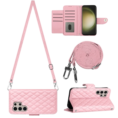 

For Samsung Galaxy S24 Ultra 5G Rhombic Texture Flip Leather Phone Case with Long Lanyard(Pink)