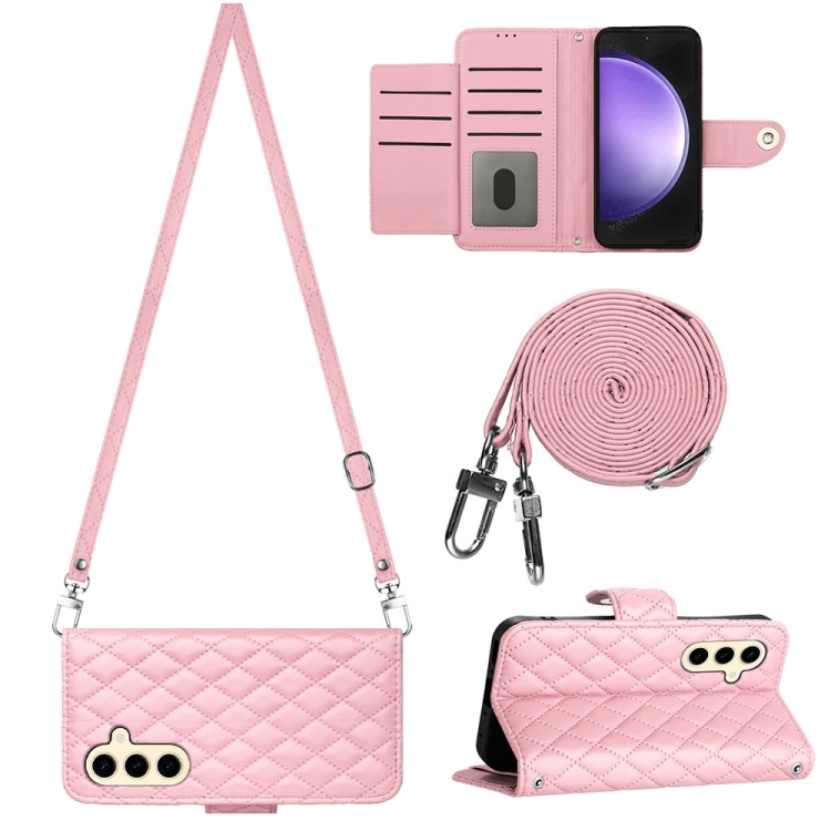 

For Samsung Galaxy S24 5G Rhombic Texture Flip Leather Phone Case with Long Lanyard(Pink)