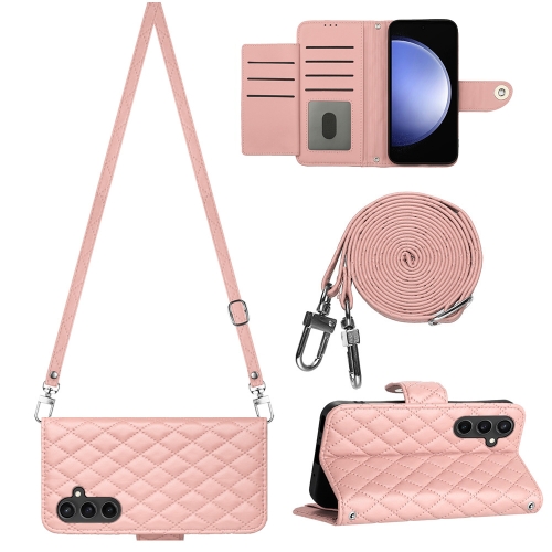 

For Samsung Galaxy S23 FE 5G Rhombic Texture Flip Leather Phone Case with Long Lanyard(Coral Pink)