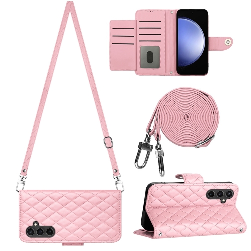

For Samsung Galaxy S23 FE 5G Rhombic Texture Flip Leather Phone Case with Long Lanyard(Pink)