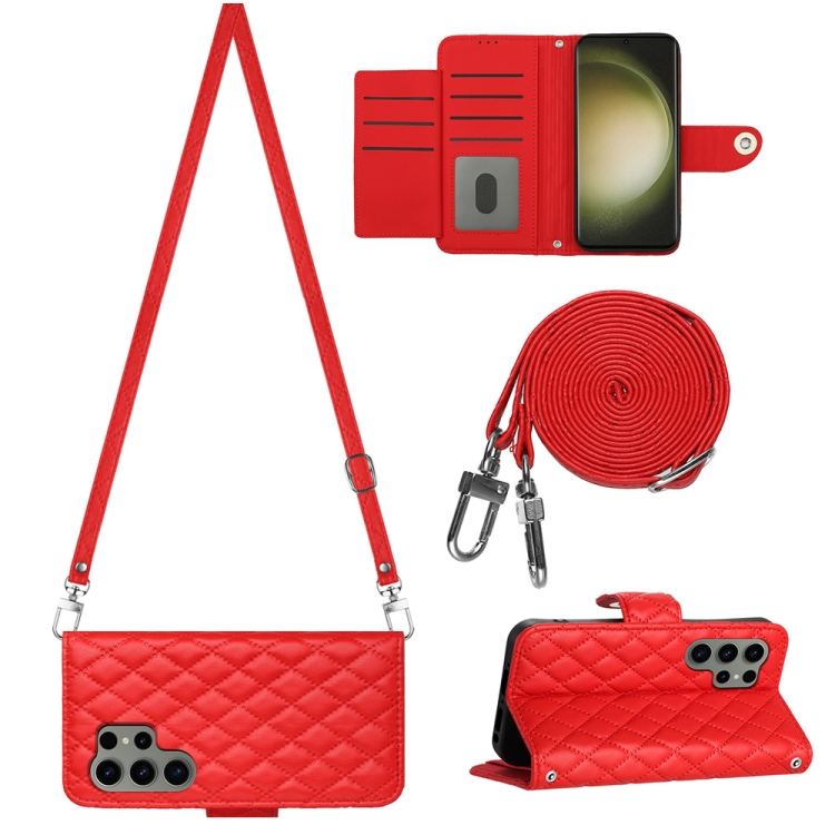 

For Samsung Galaxy S23 Ultra 5G Rhombic Texture Flip Leather Phone Case with Long Lanyard(Red)