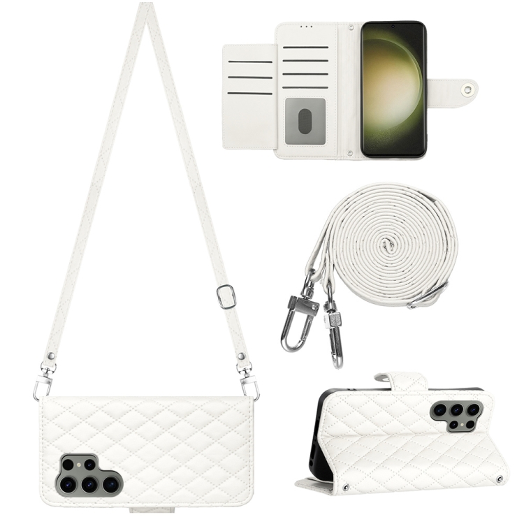

For Samsung Galaxy S23 Ultra 5G Rhombic Texture Flip Leather Phone Case with Long Lanyard(White)