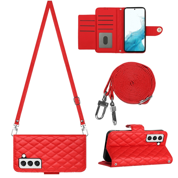 

For Samsung Galaxy S23 5G Rhombic Texture Flip Leather Phone Case with Long Lanyard(Red)