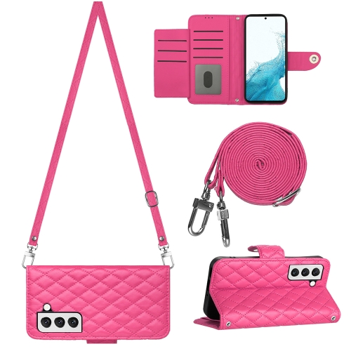 

For Samsung Galaxy S23 5G Rhombic Texture Flip Leather Phone Case with Long Lanyard(Rose Red)